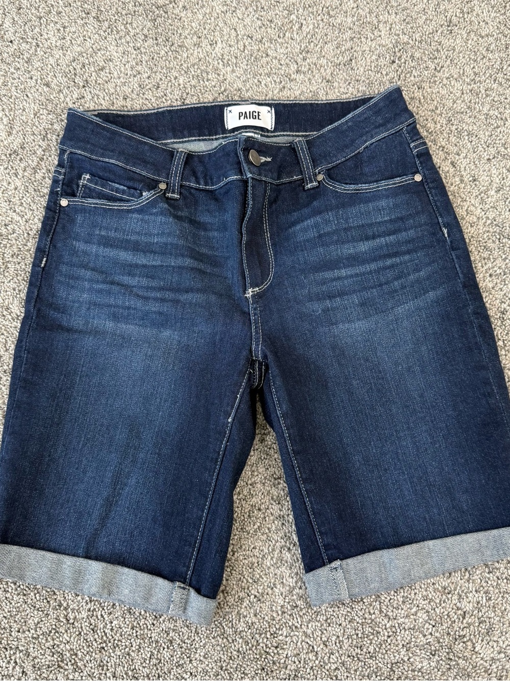 Paige Jax Knee Denim Bermuda Shorts Mid Rise Dark Wash Fold over Hem Women’s 28